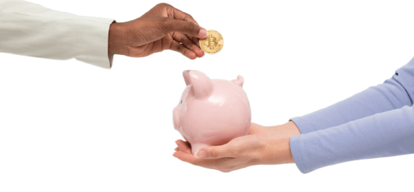 Hands exchanging a coin and a piggy bank