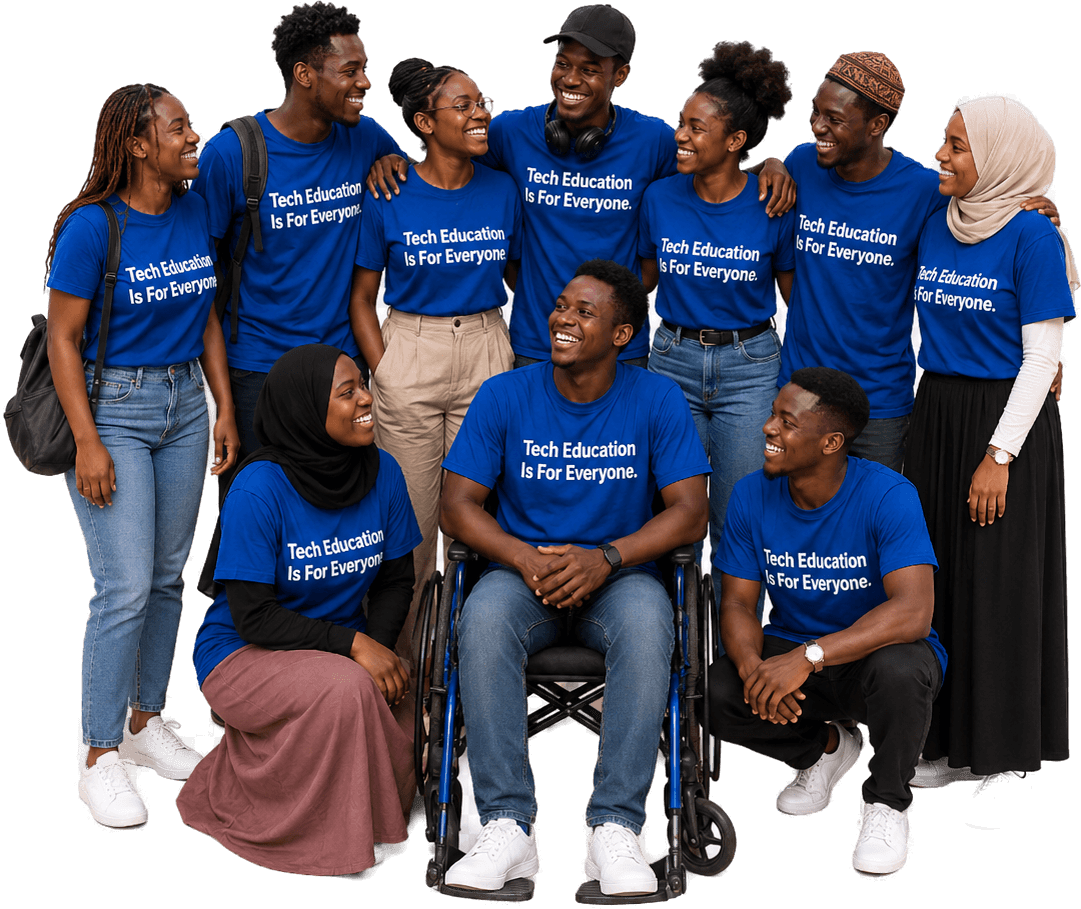 Techpye students and mentors in Tech Education Is For Everyone shirts